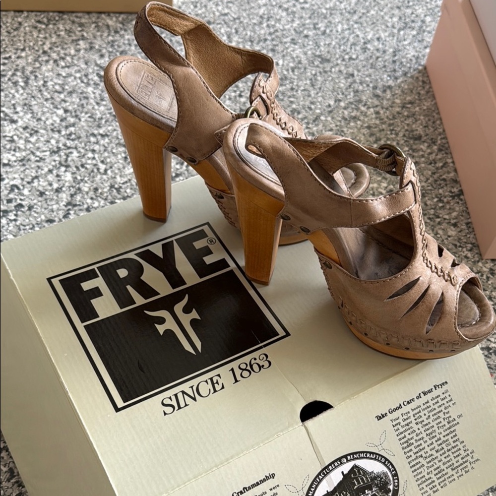 Frye Tan Leather Heels with Strappy Design